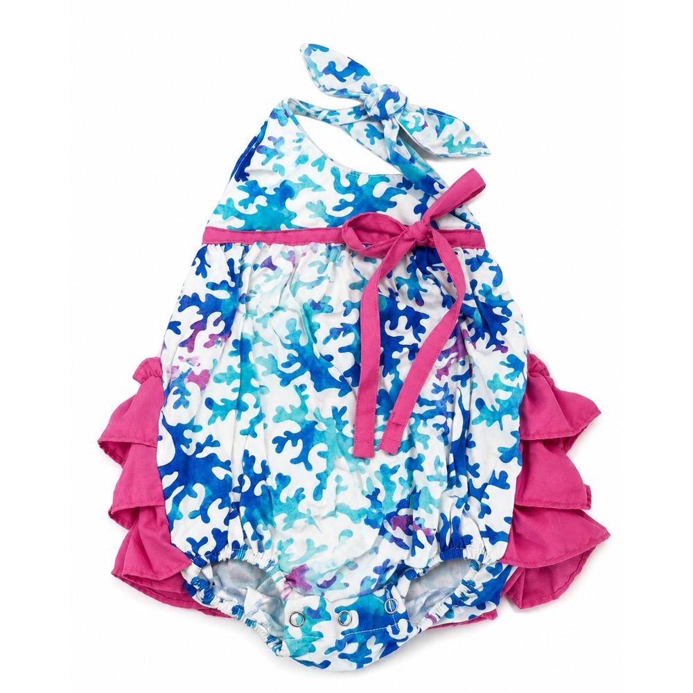 RuffleButts 0-3M Baby Girl Blue Camo Pink Ruffle Halter Bubble Romper One Piece